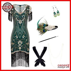 Plus Size 1920s Sequin Flapper Dress with Fringe Tassels Accessories
